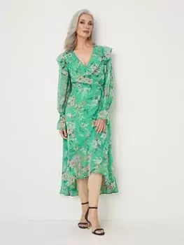Wallis Botanical Ruffle Neck Wrap Dress - Green, Size 12, Women