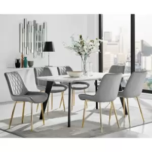 Andria Black Leg Marble Effect Dining Table and 6 Grey Pesaro Gold Leg Chairs - Elephant Grey