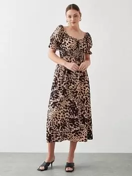 Dorothy Perkins Animal Print Shirred Waist Midi Dress - Black, Size 12, Women