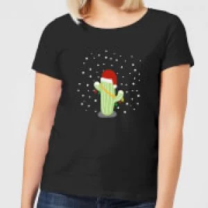 Cactus Santa Hat Womens T-Shirt - Black - 4XL