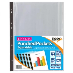 Tiger A4 Expandable 200 Micron Punched Pockets - Clear (5 Pack)