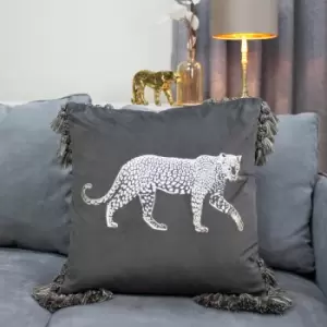 Paoletti - Roscoe Leopard Foil Print Faux Velvet Tasselled Cushion Cover, Grey, 45 x 45 Cm