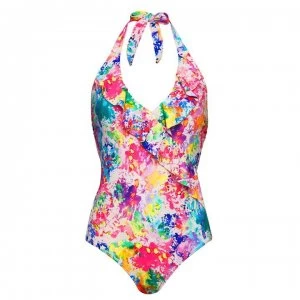 Figleaves Non Wired Frill Halter Swimsuit - WHITE/MULTI