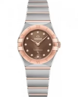 Omega Constellation Manhattan Quartz 25mm Brown Dial Diamond Rose Gold and Stainless Steel Womens Watch 131.20.25.60.63.001 131.20.25.60.63.001