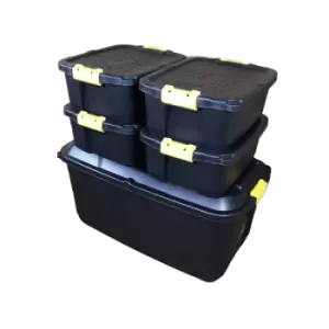 1 x 145L AND 4 x 24L Heavy Duty Trunks 1 on Wheels Sturdy, Lockable, Stackable and Nestable Design Storage Chest with Clips in Black