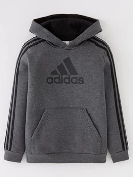 adidas Boys Big Logo 3 Stripe Overhead Hoodie - Grey/Black, Grey/Black, Size 7-8 Years
