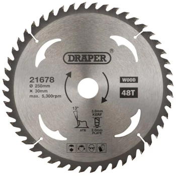 21678 TCT Circular Saw Blade for Wood 250 x 30mm 48T - Draper