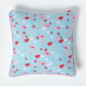 Cotton Birds and Flower Cushion Cover, 45 x 45cm - Blue - Homescapes