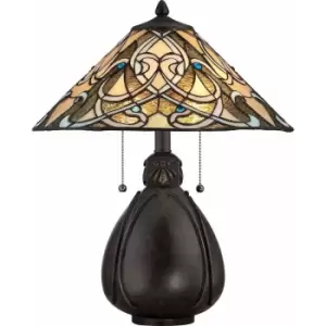 2 Bulb Twin Table Lamp Tiffany Glass Bulbous Base Imperial Bronze LED E27 75W
