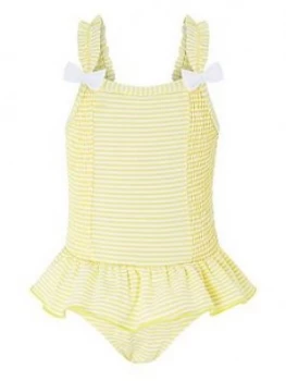 Monsoon Baby Girls Bow Seersucker Swimsuit - Yellow, Size 3-6 Months