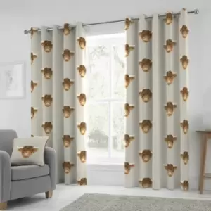 Fusion Highland Cow Print 100% Cotton Eyelet Lined Curtains, Natural, 66 x 90 Inch