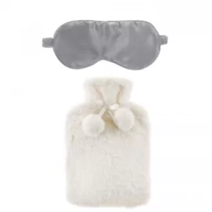 Faux Fur Hot Water Bottle and Satin Eye Mask- Cream