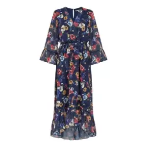Yumi Navy Bird And Floral Print Wrap Dress - Blue