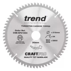 Trend CRAFTPRO Aluminium and Plastic Cutting Saw Blade 216mm 64T 30mm