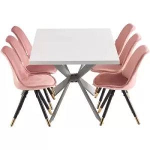 7 Pieces Life Interiors Vittorio Duke Dining Set - a White Rectangular Dining Table and Set of 6 Pink Dining Chairs - Pink