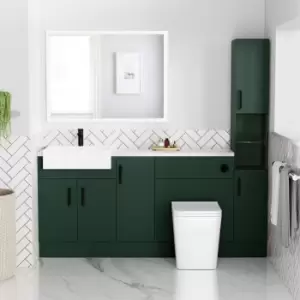 1800mm - 2100mm Green Toilet and Sink Unit with Tall Cabinet Marble Effect Worktop and Black Fittings - Coniston