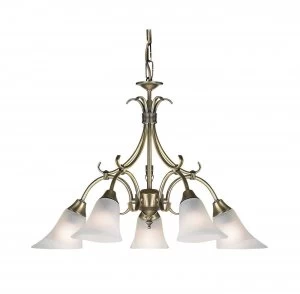 5 Light Multi Arm Ceiling Pendant Antique Brass, Frosted Glass, E14