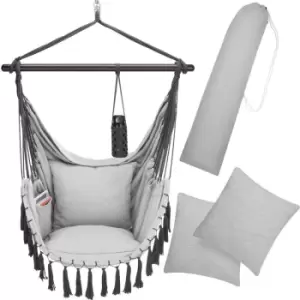 Detex Hanging Hammock Chair 150kg Boho Style Drink Holder 2 Cushion XXL Indoor Outdoor Swining Patio Balcony Seat Light Grey
