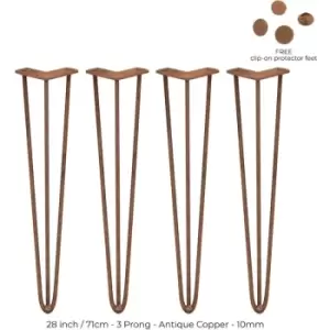4 x 28' Hairpin Legs - 3 Prong - 10mm - Antique Copper - Antique Copper