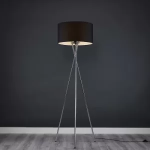 Camden Brushed Chrome Tripod Floor Lamp with XL Black Reni Shade