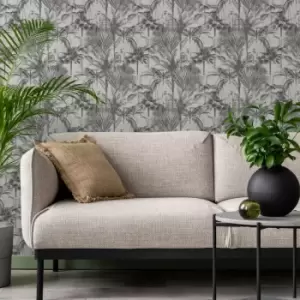 Sublime - Jungle Texture Floral Mono Black/White Wallpaper - White