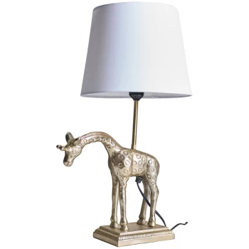Antique Brass Giraffe Table Lamp with Tapered Lampshade - White