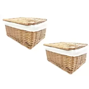 Set of 2 Lidded Wicker Storage Basket With Lining Xmas Hamper Basket [Set of 2 Medium 35x24x15 cm,Natural]
