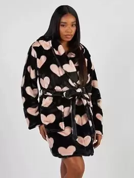 Boux Avenue Heart Print Short Robe - Black, Size S, Women