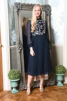 Navy Long Sleeve Embroidered Midi Dress With Pleats