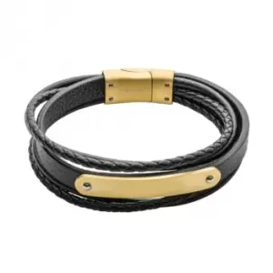 Reborn Black Leather Gold Plated ID 22cm Bracelet B5437