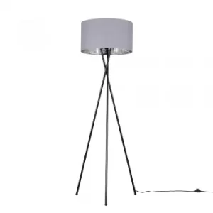 Camden Black Tripod Floor Lamp with XL Grey and Chrome Reni Shade