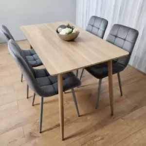 Kosy Koala - Rectangle Oak Effect Kitchen Dining Table With 4 Grey Velvet Tufted Chairs Dining Set