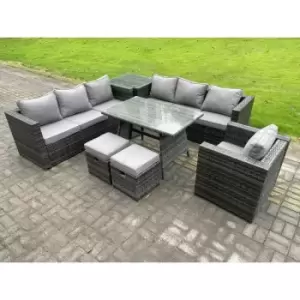 9 Seater Rattan Outdoor Furniture Sofa Garden Dining Set with Dining Table Armchair Side Table 2 Small Footstools Dark Grey Mixed - Fimous