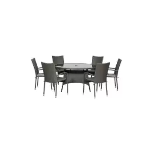 MALAGA 6 Seater Stacking Dining Set 140cm Round Table with Black Glass Top, 6 Stacking Chairs including Cushions