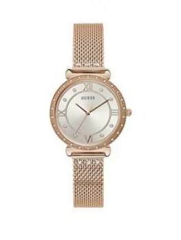 Guess Guess Silver Crystal Set Dial Rose Gold Stainless Steel Mesh Strap Ladies Watch