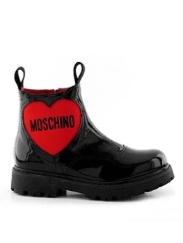 Moschino Girl Moschino Heart Logo Patent Chelsea Boots - Black, Size 3 Older