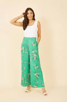Green Floral Satin Wide Leg Trousers