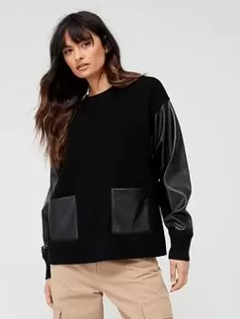 BOSS Fanalian Faux Leather Sleeve Jumper - Black, Size L, Women