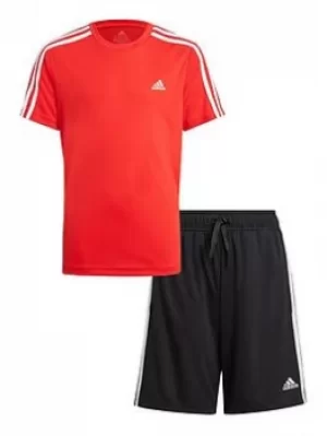 adidas Junior Boys 3s Tshirt Set, Red/Black, Size 13-14 Years