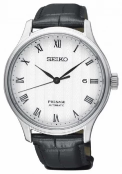 Seiko Presage Mens Automatic White Dial Black Leather Strap Watch