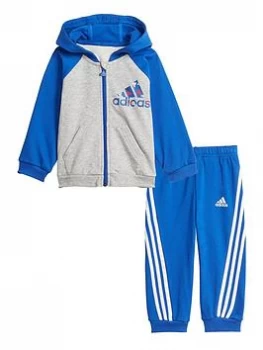adidas Infant Unisex Badge Of Sport Full Zip Hood & Jog Pant Set - Grey/Blue, Grey/Blue, Size 0-3 Months