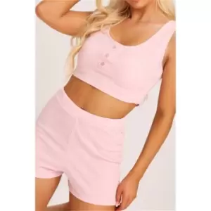 I Saw It First Baby Pink Ribbed Button Up Vest And Shorts Lounge Set - Pink