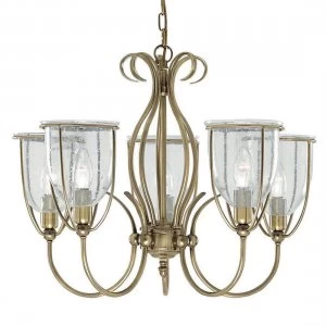 5 Light Multi Arm Ceiling Pendant Antique Brass with Seeded Glass Shades, E14