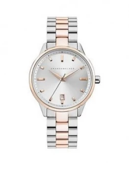 Amanda Walker Amelia Silver Sunray And Rose Gold Date Dial Two Tone Stainless Steel Bracelet Ladies Watch