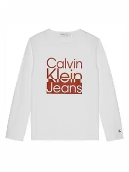 Calvin Klein Jeans Boys Box Logo Long Sleeve T-Shirt - White, Size 8 Years