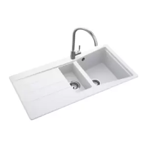 1.5 Bowl Inset White Granite Kitchen Sink with Reversible Drainer - Rangemaster Mica