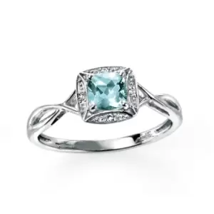 9ct White Gold Ring with Aquamarine and Pave Diamonds