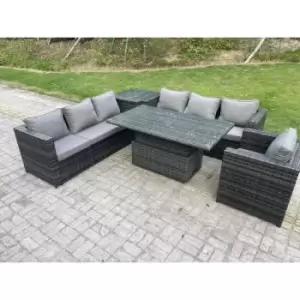 Fimous 7 Seater Wicker PE Garden Furniture Rattan Sofa Set Outdoor Adjustable Rising Lifting Dining Table Set with Armchair Side Table Dark Grey Mixed