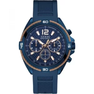 GUESS Gents blue watch with rose gold wire detail.