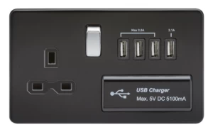 KnightsBridge 13A 2G Screwless 1G Matt Black Switched Socket with Quad 5V USB Charger Ports - Black Insert